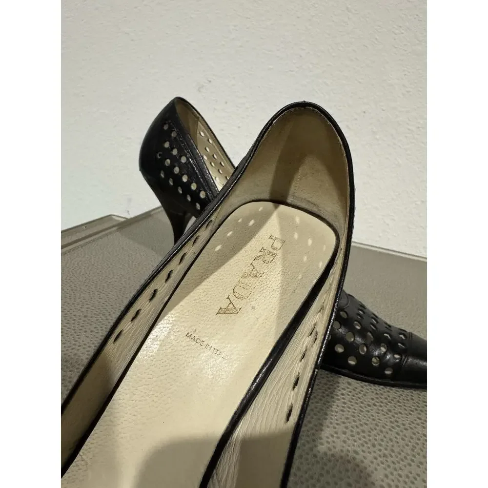 PRADA Y2K Pumps Heel Leather Black Point Toe Cutout Sz 37.5 / 7.5